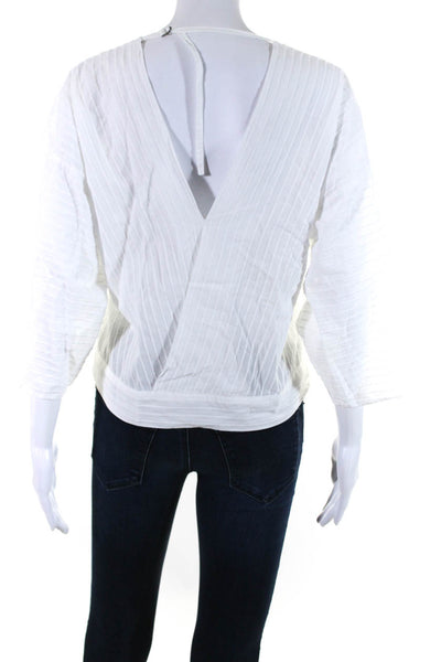 Humanoid Womens Long Sleeve Open Back V Neck Striped Top White Cotton Size Small