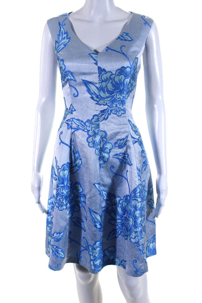 Nanette Lepore Womens Sleeveless V Neck Floral A Line Dress Blue Size 4