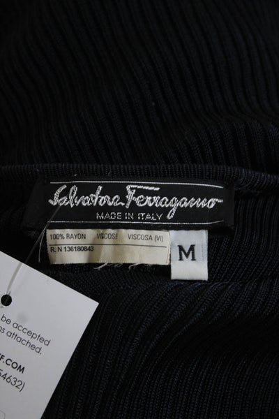 Salvatore Ferragamo Womens 3/4 Sleeve V Neck Ribbed Drawstring Top Navy Medium