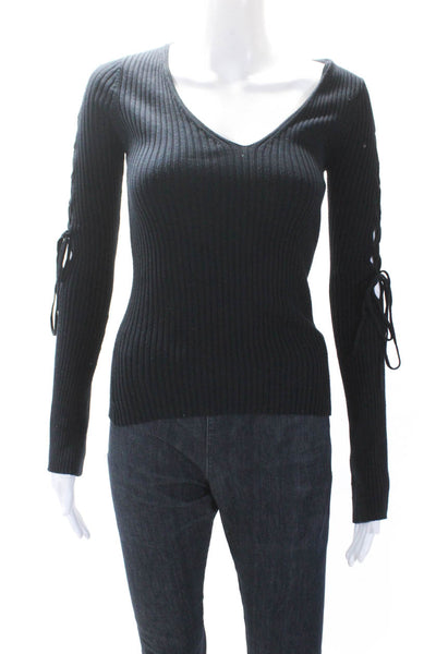 Cotton By Autumn Cashmere Womens Ribbed Knit V-Neck Top Navy Size XS