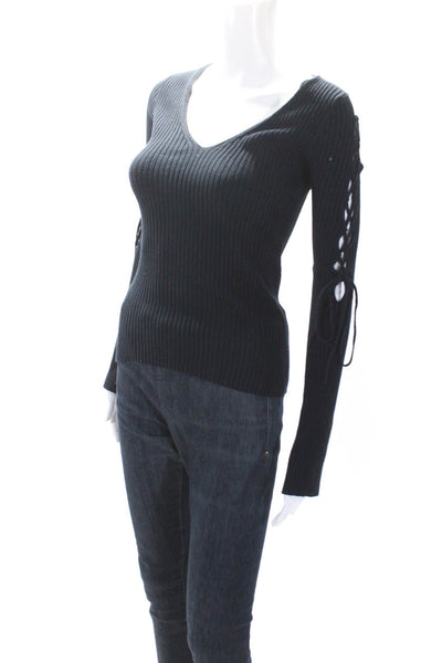 Cotton By Autumn Cashmere Womens Ribbed Knit V-Neck Top Navy Size XS