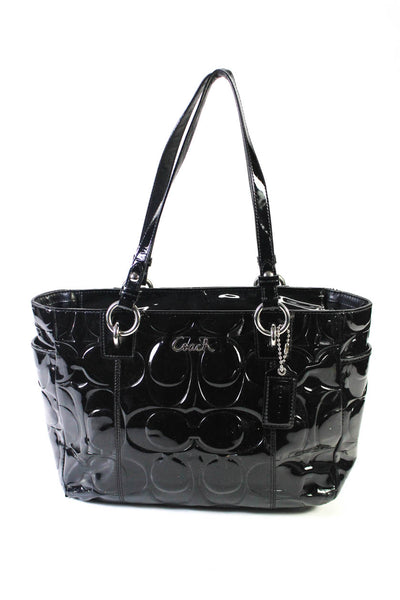 Coach Womens Shiny Black Embossed Logo Tote Shoulder Bag Handbag