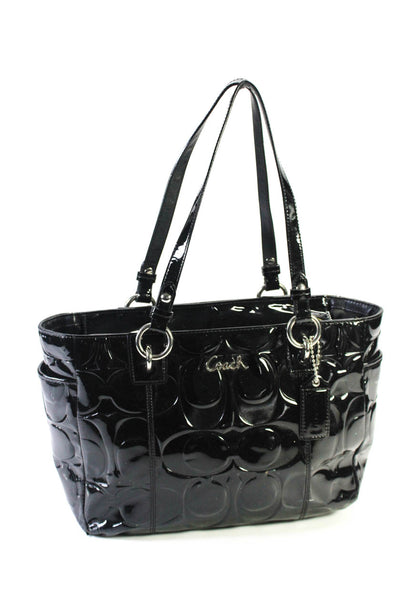 Coach Womens Shiny Black Embossed Logo Tote Shoulder Bag Handbag