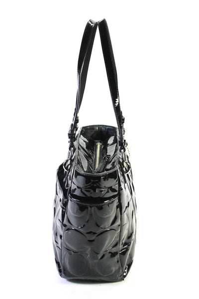 Coach Womens Shiny Black Embossed Logo Tote Shoulder Bag Handbag