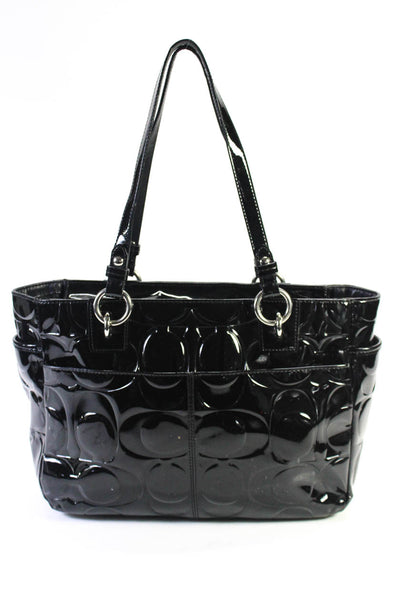 Coach Womens Shiny Black Embossed Logo Tote Shoulder Bag Handbag