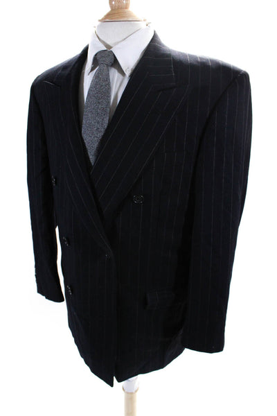 Hickey Freeman Mens Black Wool Striped Double Breasted Long Sleeve Blazer Size42