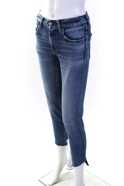 Moussy Womens Cotton Distressed Hem Light Washed Skinny Jeans Blue Size EUR26