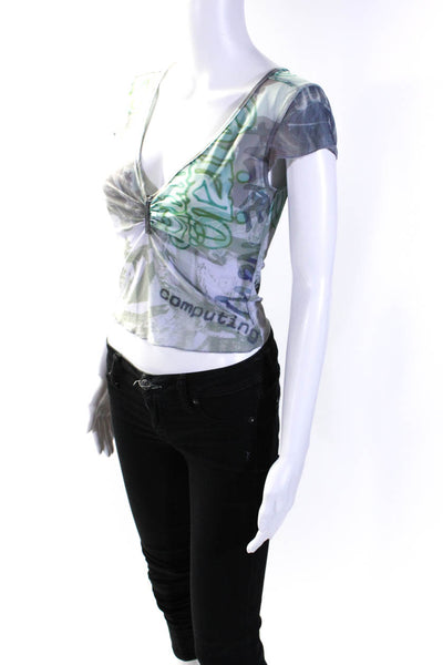 Guizio Womens Abstract Print Sheer Textured Pullover Blouse Top Green Size M