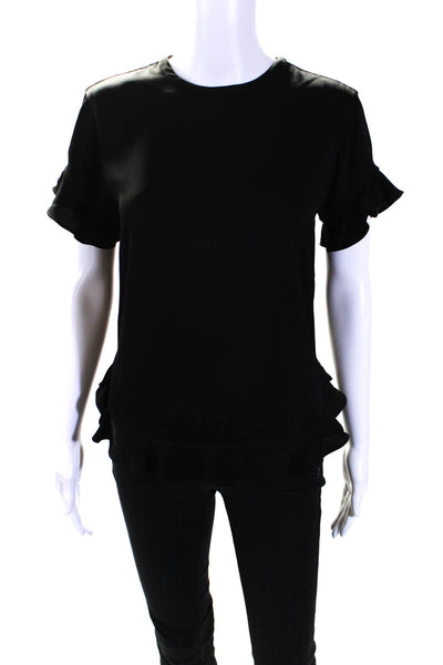 Kate Spade Womens Short Sleeve Crepe Satin Ruffle Top Blouse Black Size XS