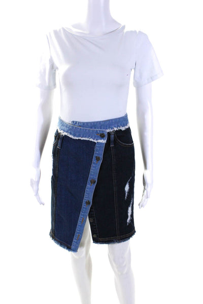 SJYP Womens Denim Patchwork Asymmetrical Fringe Pencil Skirt Blue Size Small