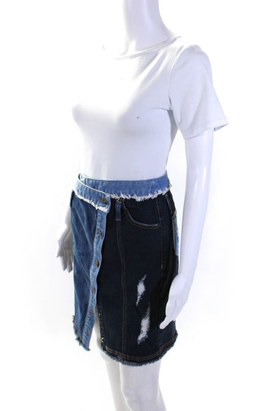 SJYP Womens Denim Patchwork Asymmetrical Fringe Pencil Skirt Blue Size Small