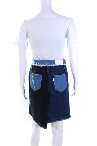 SJYP Womens Denim Patchwork Asymmetrical Fringe Pencil Skirt Blue Size Small