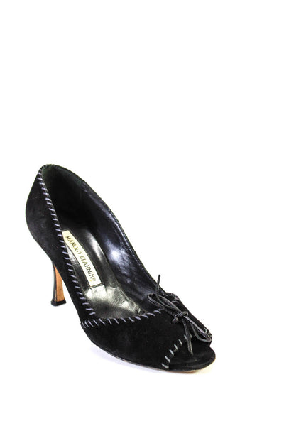 Manolo Blahnik Womens Black Suede Leather Peep Toe High Heels Shoes Size 5.5