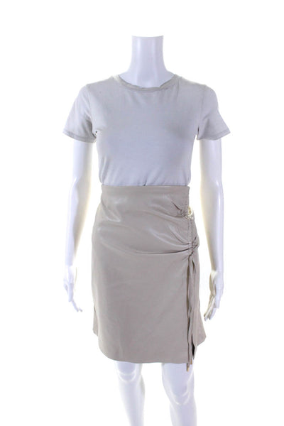House of Harlow 1960 Womens Drawstring Ruched Faux Leather Skirt Beige Large