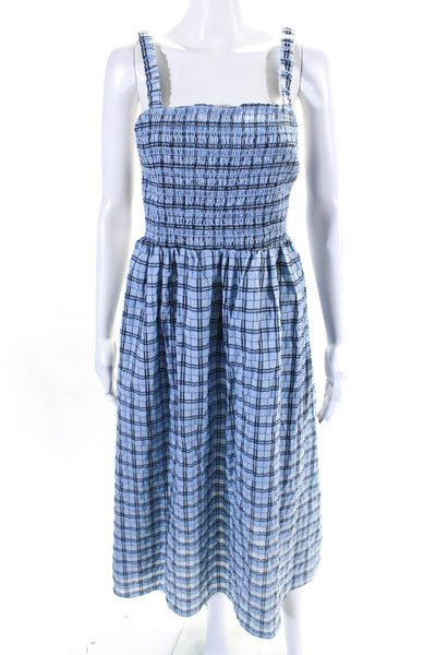 J Crew Womens Plaid Smocked Sleeveless A Line Sun Dress Blue Size Medium