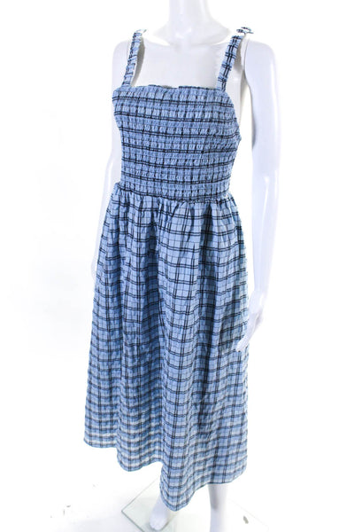 J Crew Womens Plaid Smocked Sleeveless A Line Sun Dress Blue Size Medium