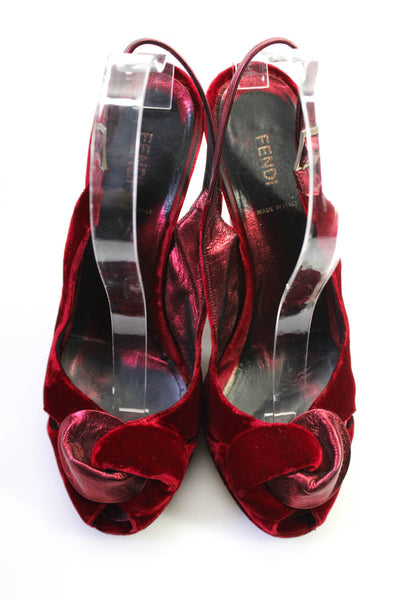 Fendi Womens Block Heel Metallic Velvet Peep Toe Slingback Pumps Red Size 39