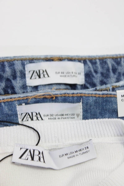 Zara Womens Ribbed Knit Top Straight Cropped Jeans White Blue 00 0 Medium Lot 3