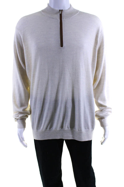 Peter Millar Mens Long Sleeve Quarter Zip Mock Neck Sweater White Wool Size XL