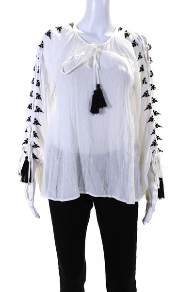 Do + Be Women's V-Neck Tassel Long Sleeves Embroidered Blouse White Size M