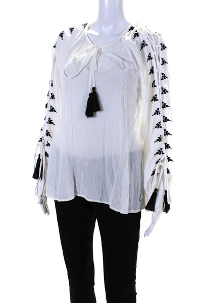 Do + Be Women's V-Neck Tassel Long Sleeves Embroidered Blouse White Size M