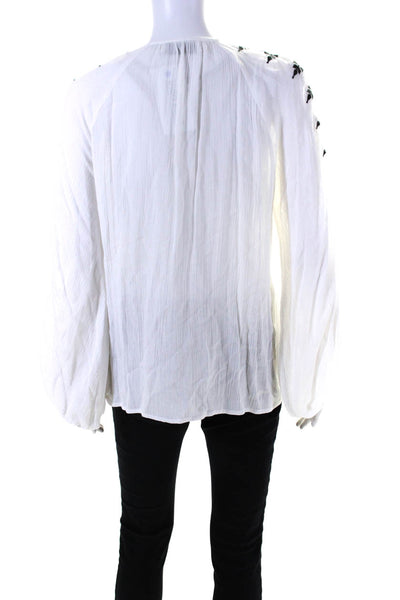 Do + Be Women's V-Neck Tassel Long Sleeves Embroidered Blouse White Size M