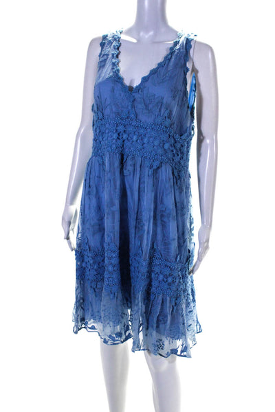 Ranna Gill Women's V-Neck Sleeveless Crochet Fit Flare Midi Dress Blue Size L