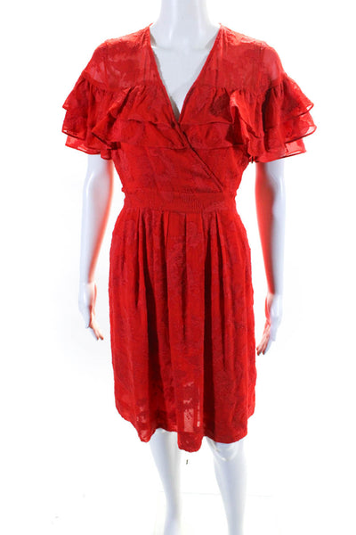 Rebecca Taylor Womens Silk Ruffled Sleeves Belted V Neck Dress Red Size 2