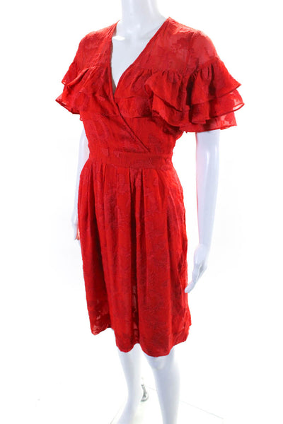 Rebecca Taylor Womens Silk Ruffled Sleeves Belted V Neck Dress Red Size 2