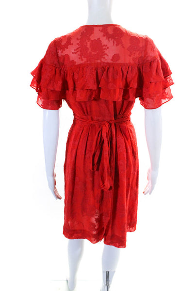 Rebecca Taylor Womens Silk Ruffled Sleeves Belted V Neck Dress Red Size 2