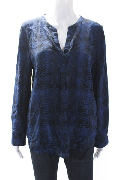 Joie Women's Round Neck Long Sleeves Button Up Snake Print Blouse Blue Size L