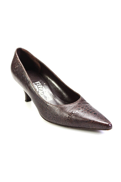 Salvatore Ferragamo Women's Textured Leather Kitten Heels Shoe Brown Size 5