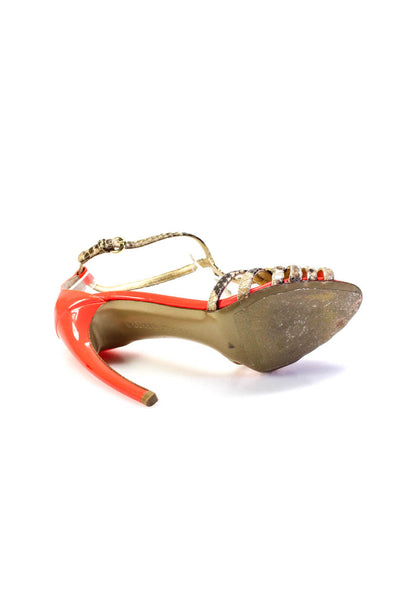 Steiger Womens Leather Snakeskin Print Sandal Heels Brown Orange Size 8