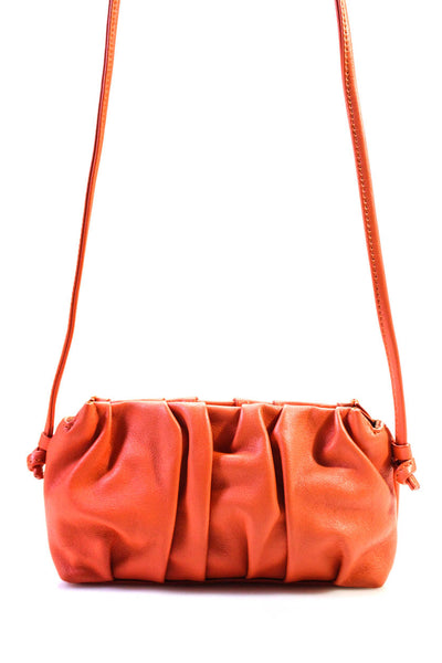 Elleme Paris Womens Leather Ruched Magnetic Closure Shoulder Bag Purse Orange