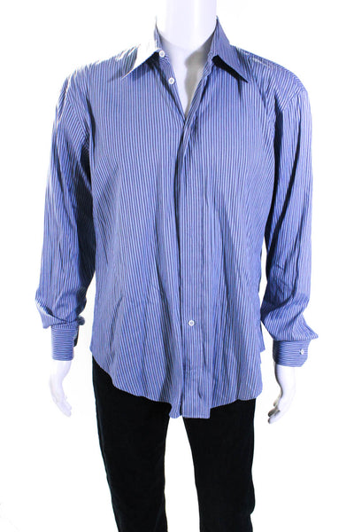 Armani Collezioni Mens Striped Button Down Dress Shirt Blue Cotton Size Medium