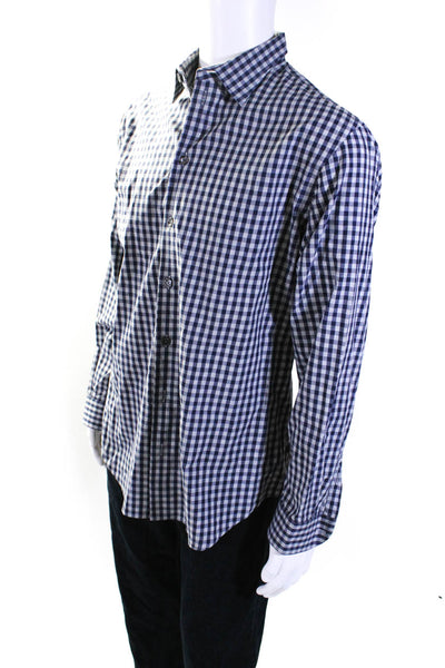 Armani Collezioni Mens Gingham Plaid Button Down Dress Shirt Blue Size Large