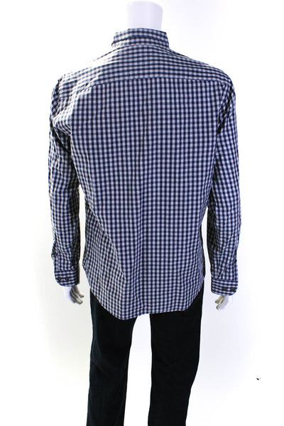 Armani Collezioni Mens Gingham Plaid Button Down Dress Shirt Blue Size Large