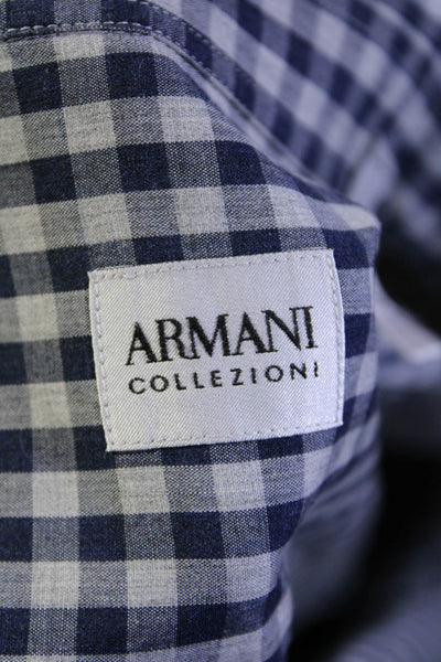 Armani Collezioni Mens Gingham Plaid Button Down Dress Shirt Blue Size Large
