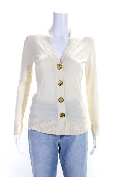 Tory Burch Womens Button Front V Neck Cardigan Sweater White Wool Size 2