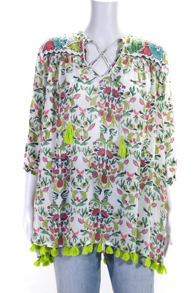 Roller Rabbit Womens 3/4 Sleeve V Neck Floral Tunic Top White Green Cotton Small