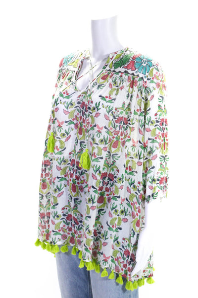 Roller Rabbit Womens 3/4 Sleeve V Neck Floral Tunic Top White Green Cotton Small