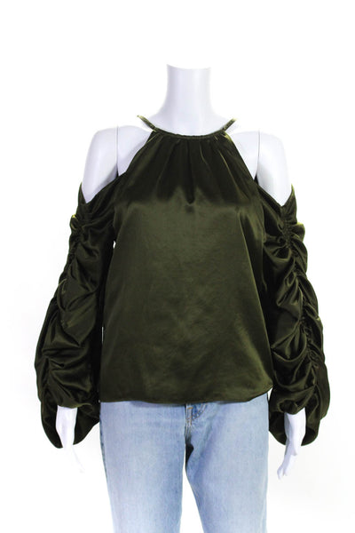 AMUR Womens Cold Shoulder Ruched Long Sleeve Halter Blouse Top Green Size S