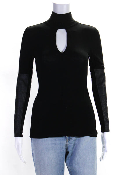 BCBG Max Azria Womens Patchwork Cut-Out Mock Neck Long Sleeve Top Black Size XS