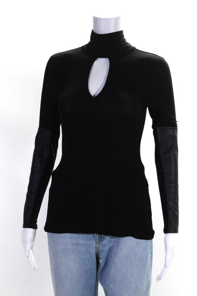 BCBG Max Azria Womens Patchwork Cut-Out Mock Neck Long Sleeve Top Black Size XS