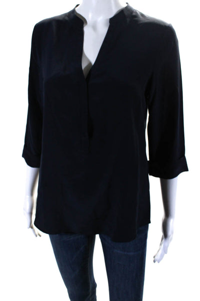 Rory Beca Womens Silk Crepe V-Neck Snap Front Blouse Top Navy Blue Size S