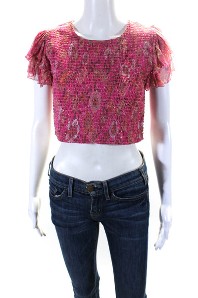 Tularosa Womens Chiffon Metallic Floral Smocked Blouse Crop Top Pink Size S
