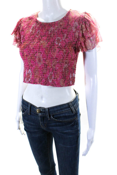 Tularosa Womens Chiffon Metallic Floral Smocked Blouse Crop Top Pink Size S