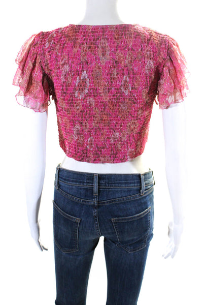 Tularosa Womens Chiffon Metallic Floral Smocked Blouse Crop Top Pink Size S