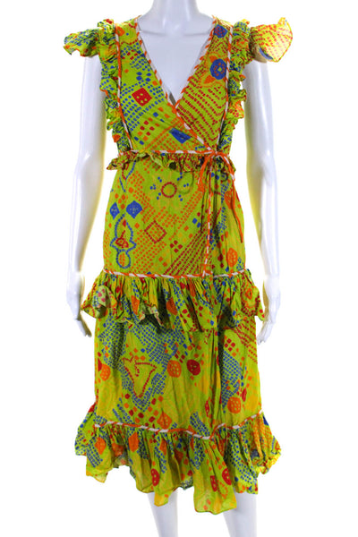 Rhode Womens Abstract Print Ruffled Tied Wrapped Maxi Dress Green Size XS