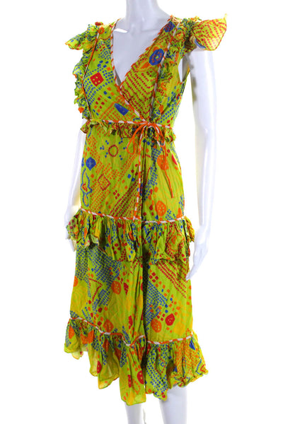 Rhode Womens Abstract Print Ruffled Tied Wrapped Maxi Dress Green Size XS